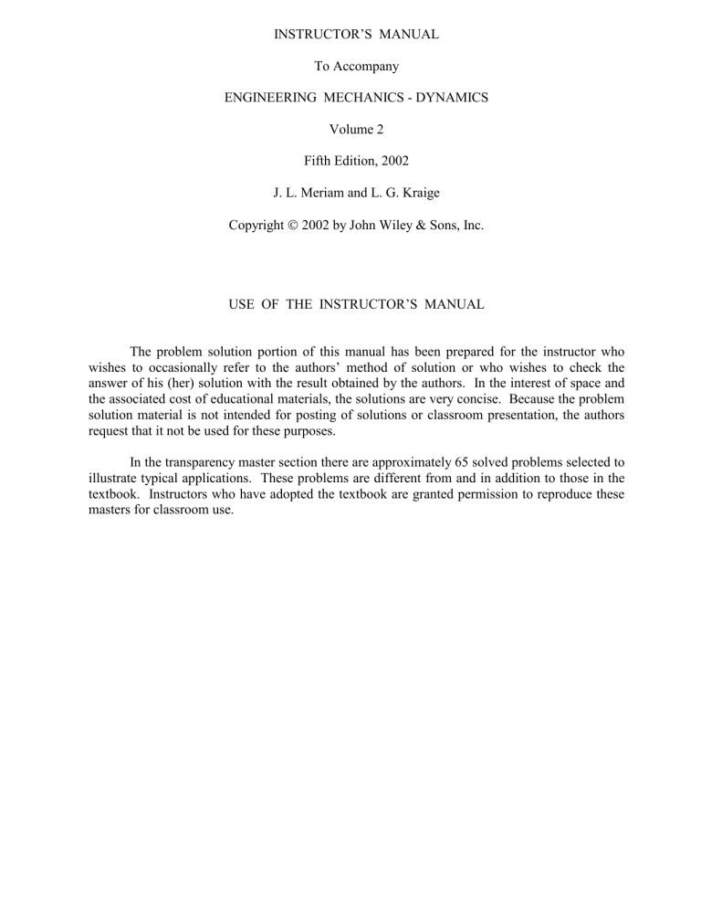 Engineering Mechanics Dynamics Instructor s Manual
