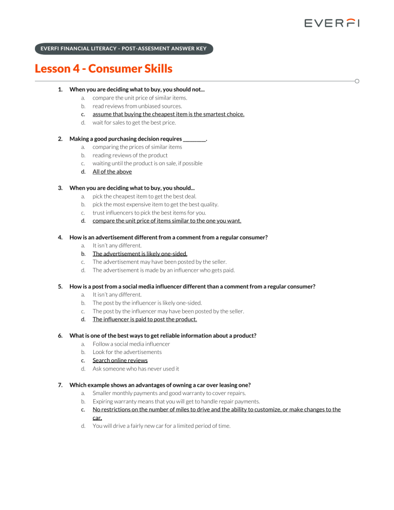 Post Assessment Answer Key Lesson 4