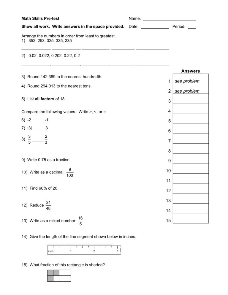 Math Skills Pre Test