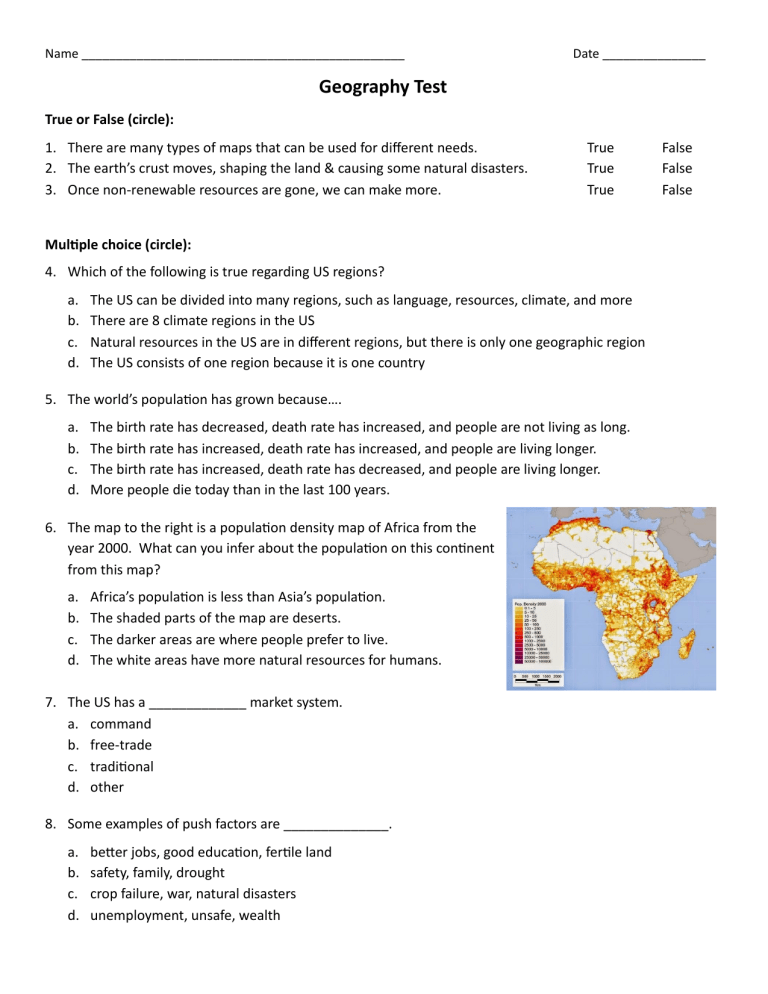 Grade 4 Geography Test Questions Term 1