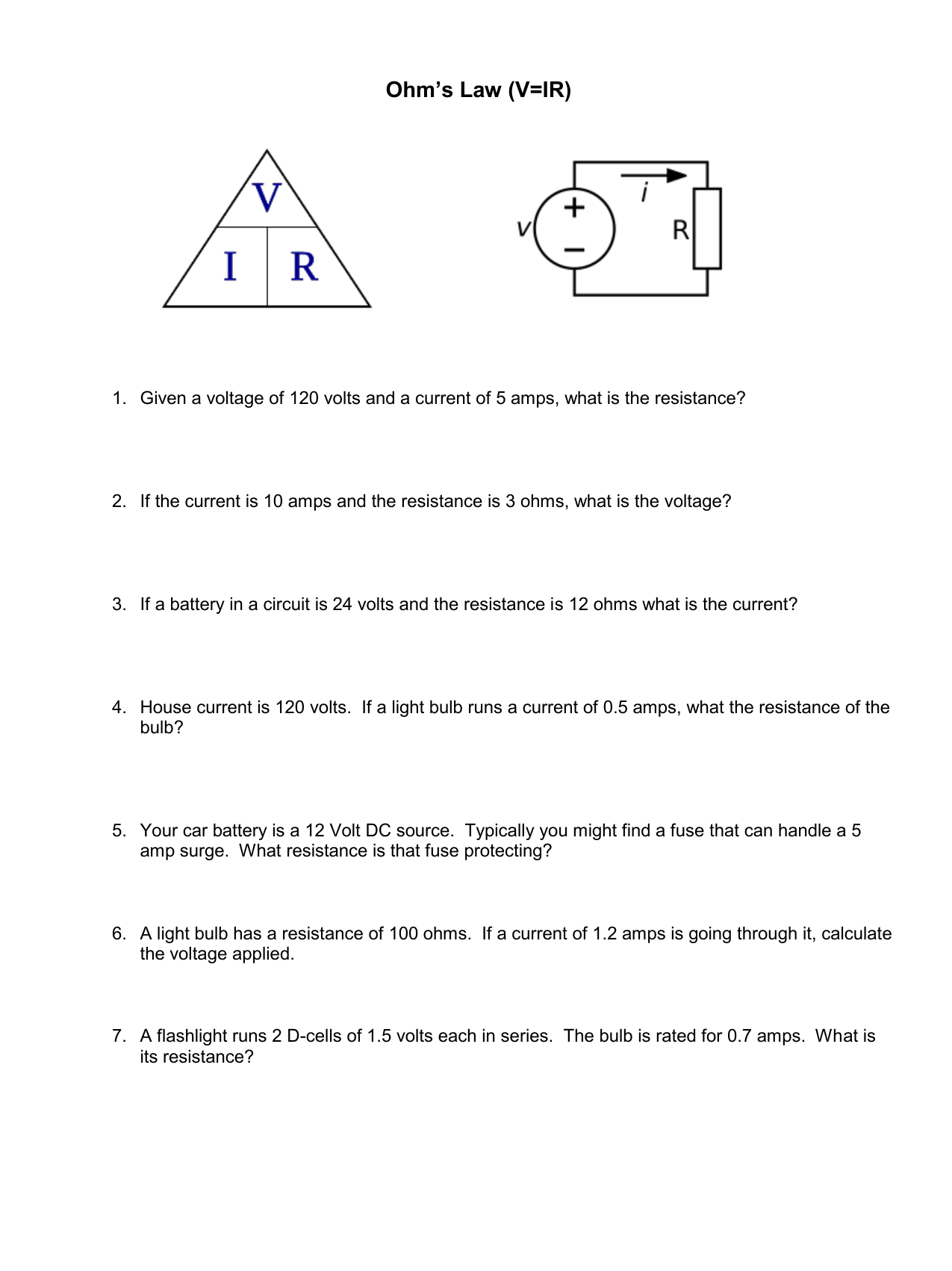 Ohms Law Worksheet