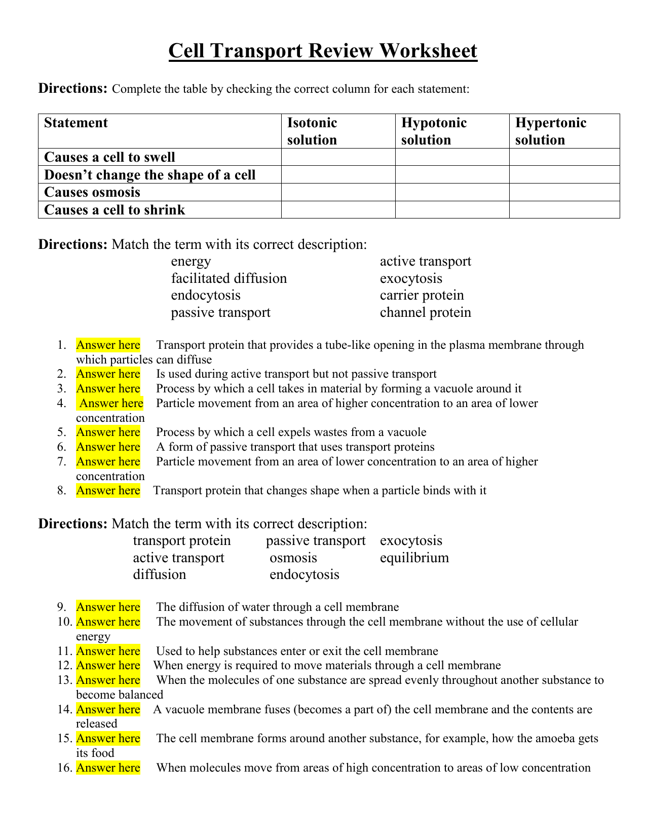 Noah Loya - Cell Transport & Review Worksheet With Cellular Transport Worksheet Answers