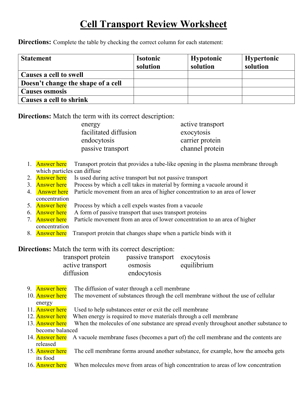 Noah Loya - Cell Transport & Review Worksheet Throughout Cell Transport Worksheet Answers