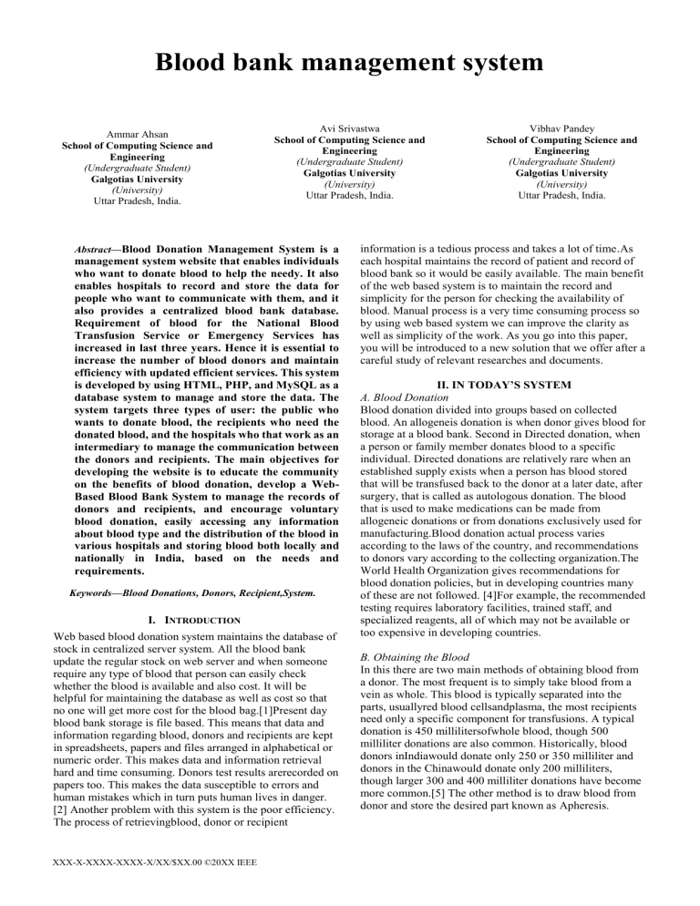 literature survey on blood bank management system