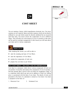 Cost Sheet Details