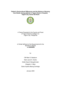 Patient"s Sociocultural Differences and the Delivery of Nursing Care Needs among patients in Tagum Doctors Hospital, Tagum City Davao Del Norte