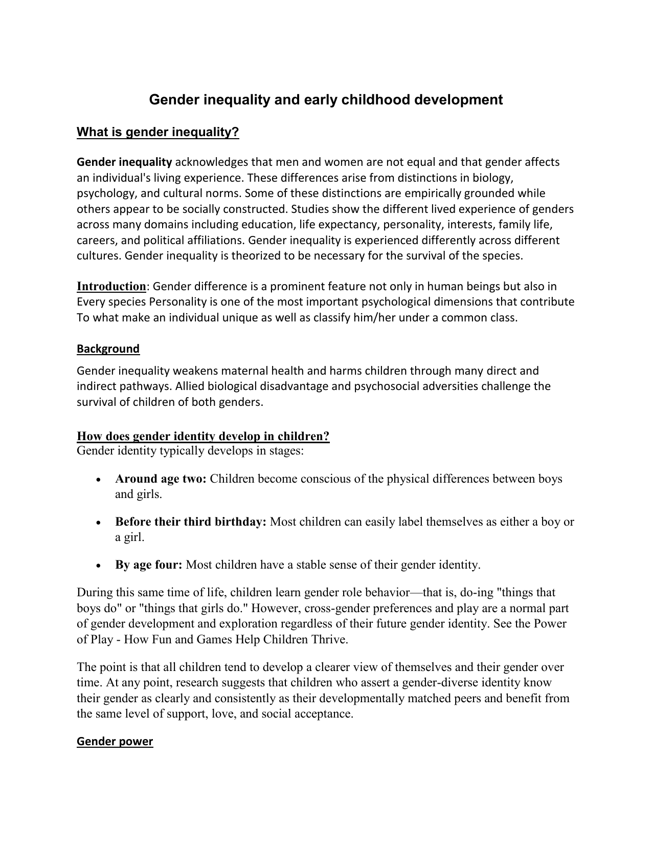 Реферат: Genders Essay Research Paper The early childhood