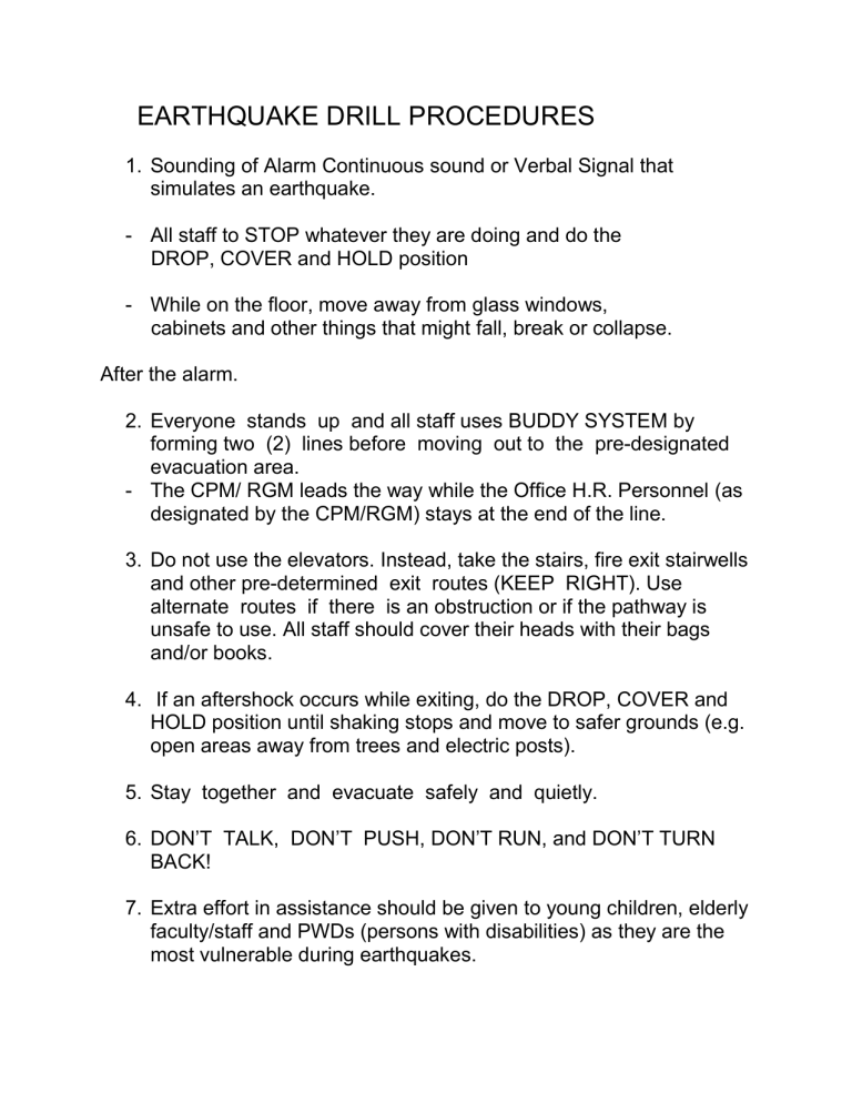 EARTHQUAKE DRILL PROCEDURES