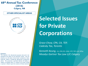 2016 Annual Tax Conference - Selected Issues for Private Corporations