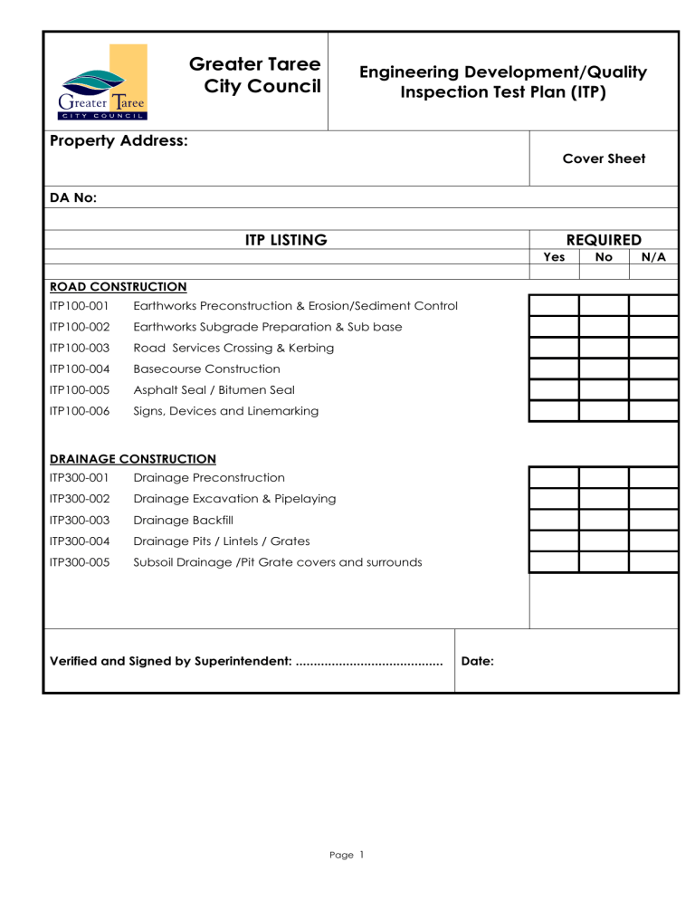 Engineering Development Quality Inspection Test Plan ITP Forms 1 