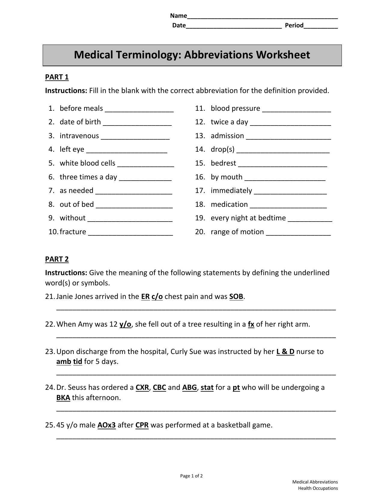 Medical Terminology Abbreviations Worksheet