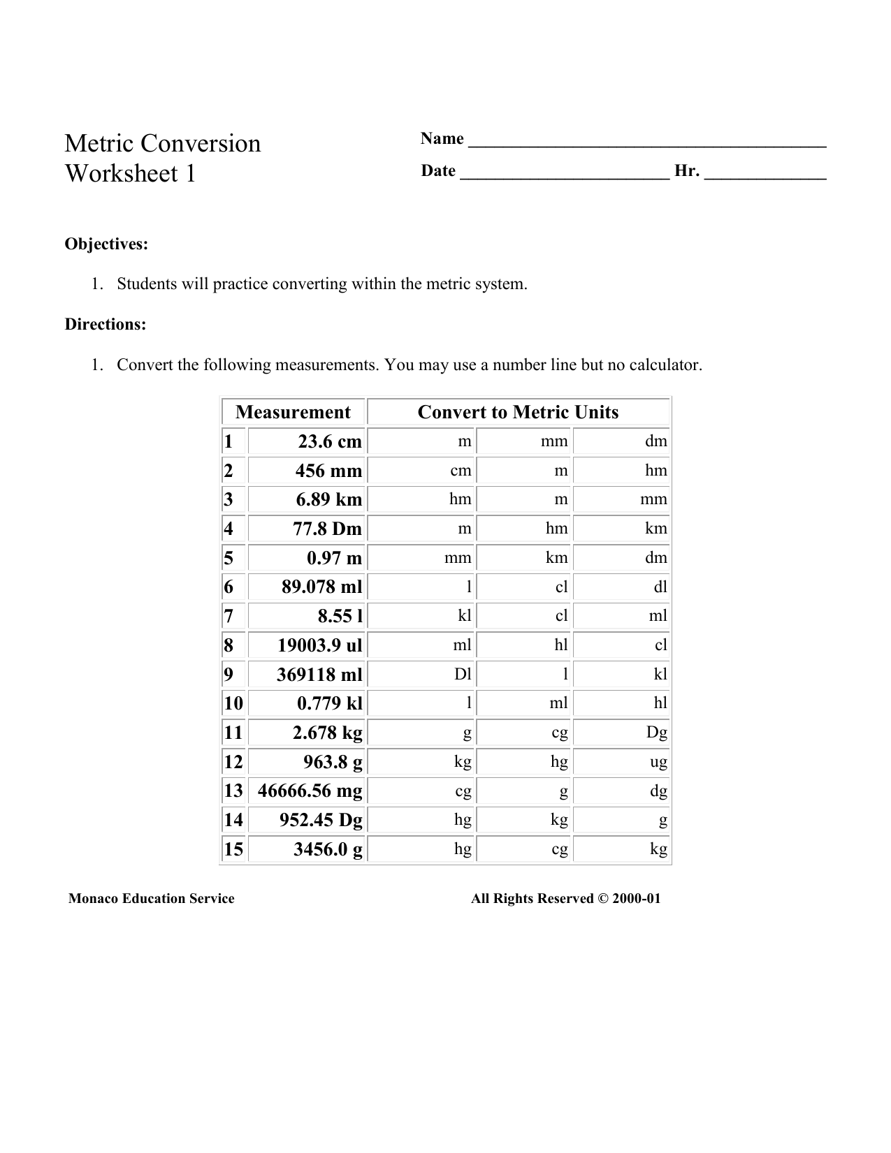 metric conversions and practice In Metric Conversion Worksheet 1
