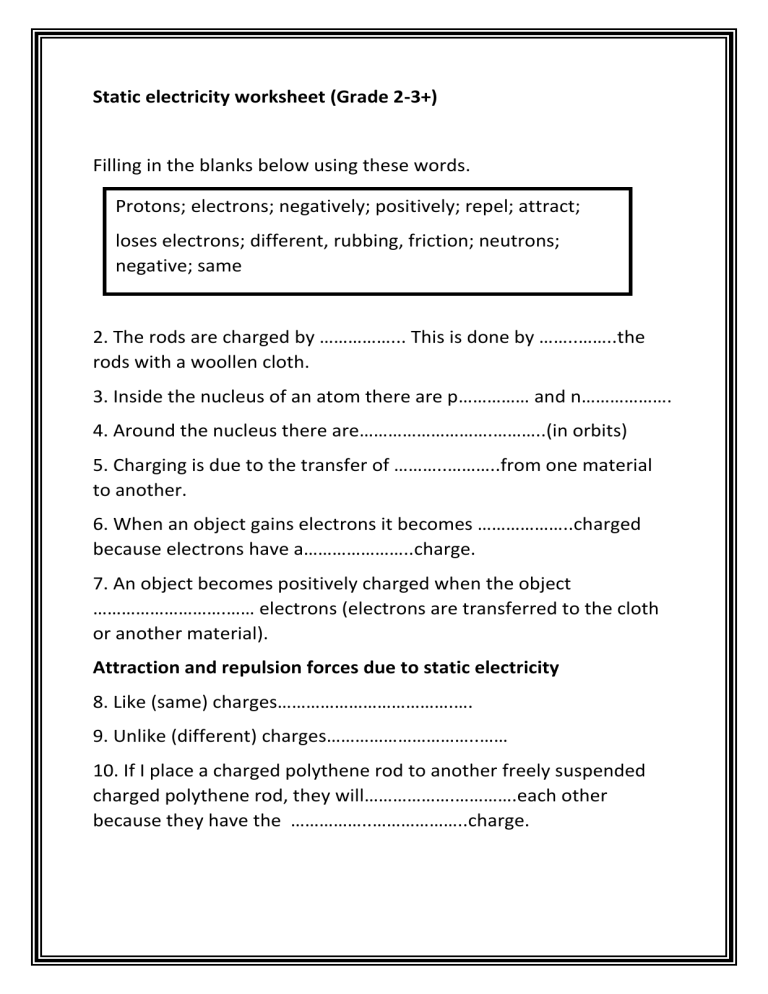 Static Electricity Worksheet Filli In Gaps