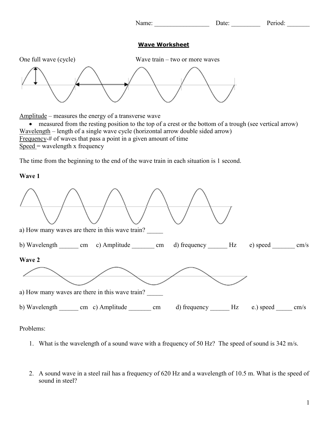 Wave Worksheet 1 Answer Key