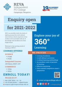 I PUC Enquiry Open 2021-22 @ REVA Independent PU College Ganganagar campus.