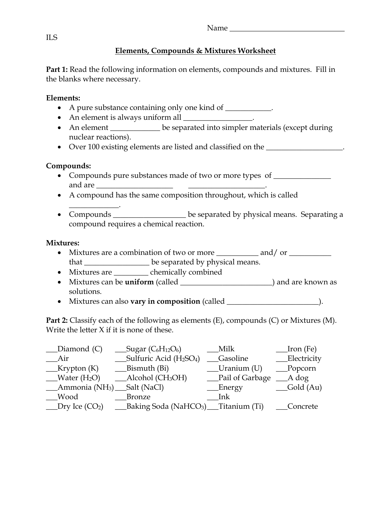 Elements Compounds And Mixtures Worksheet