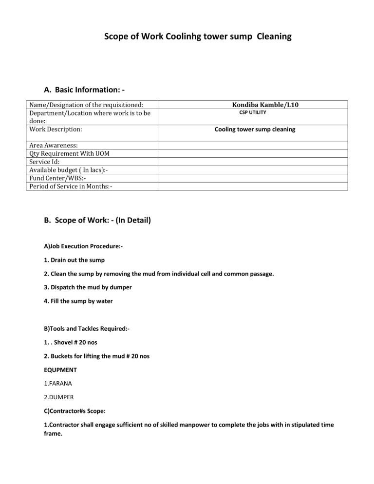 SCOPE OF WORK for cooling tower sump CLEANING