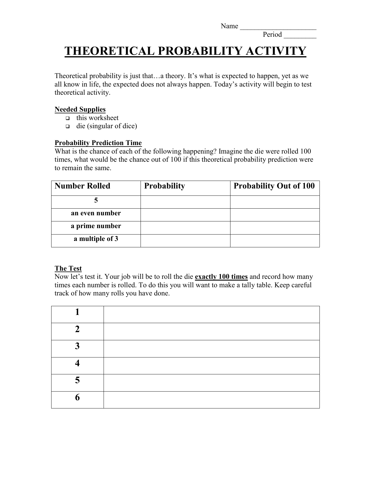 Theoretical and experimental probability lesson plan 7th grade Sample 