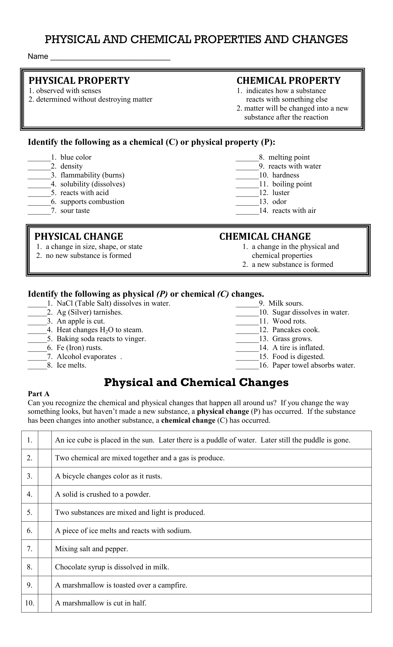 Physical and Chemical Changes Worksheet In Physical And Chemical Properties Worksheet