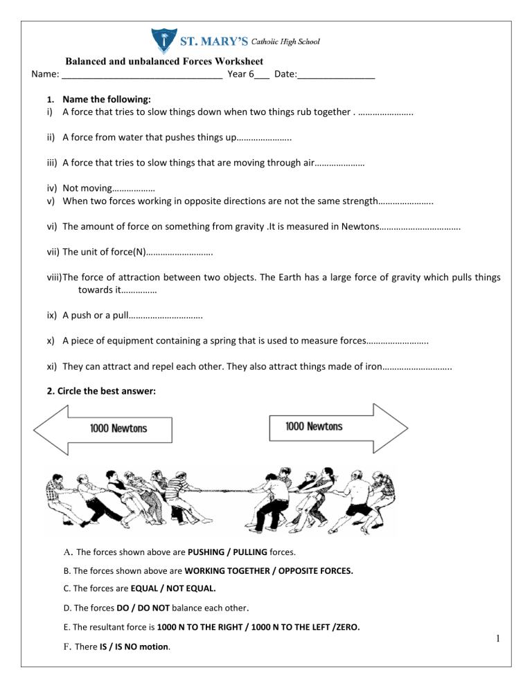 Forces Grade 5 Worksheets Pdf
