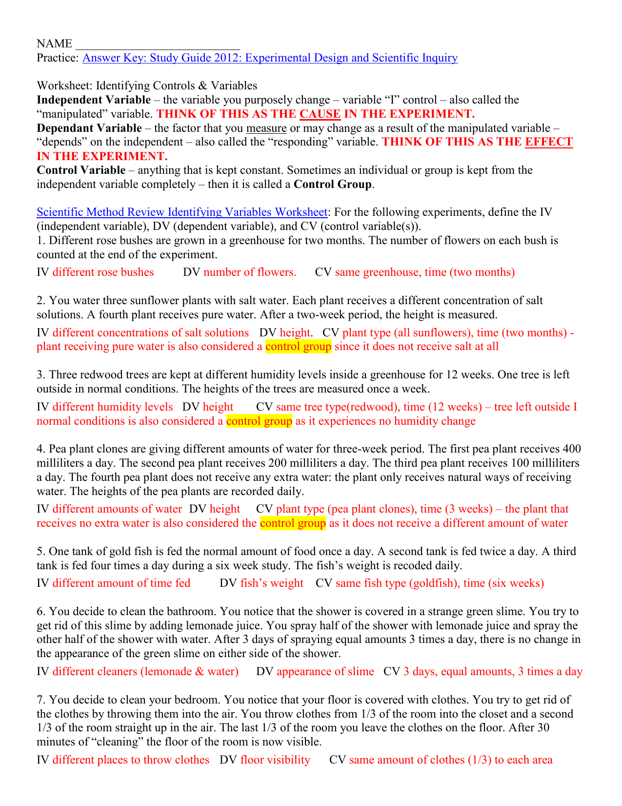 Identifying Controls & Variables Practice copy Inside Experimental Variables Worksheet Answers