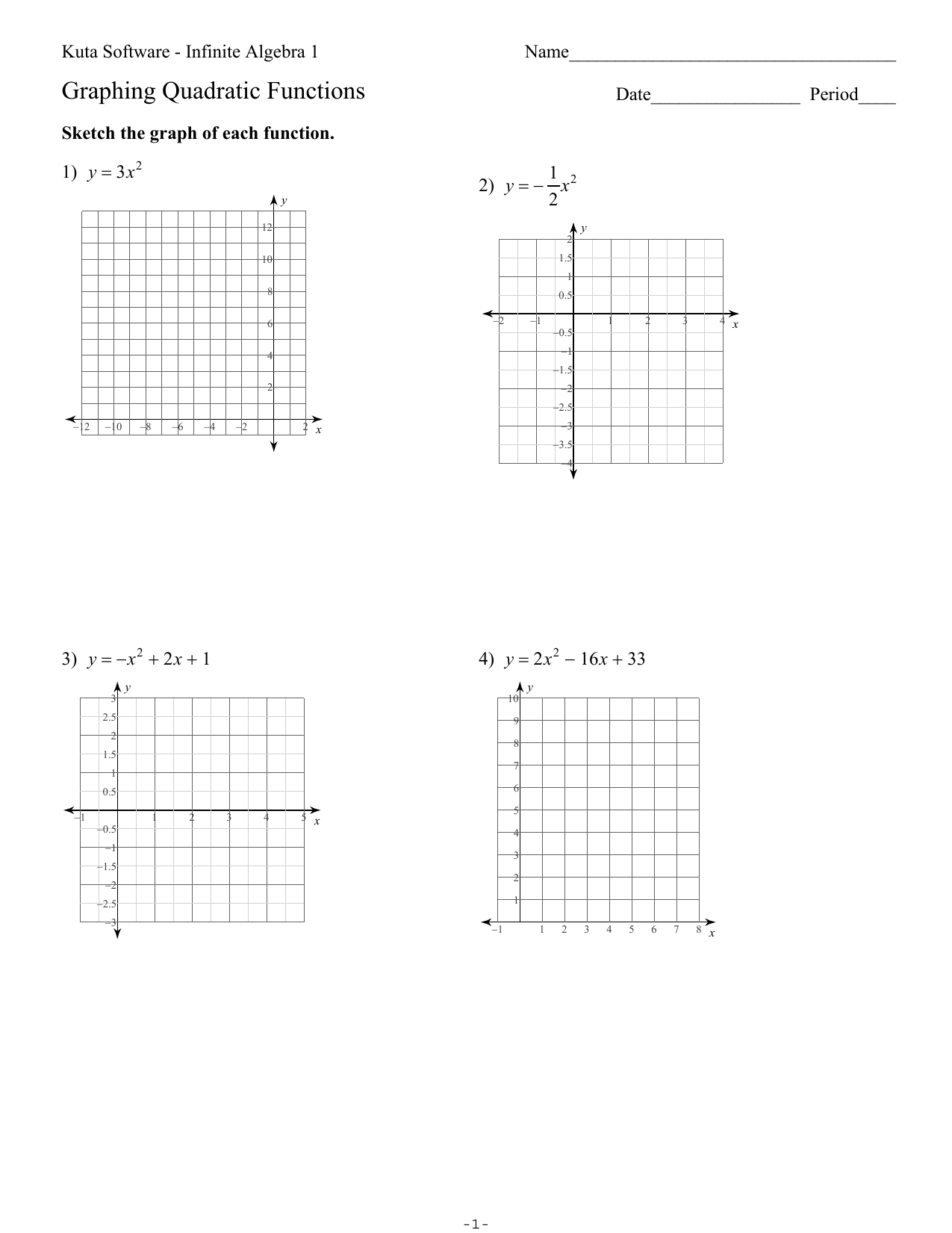 Graphing Quadratic Functions homework For Algebra 1 Functions Worksheet