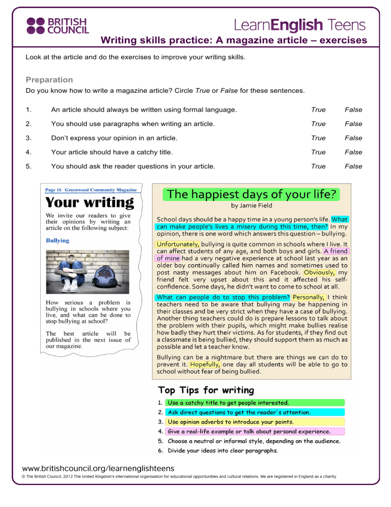 writing skills practice a magazine article exercises