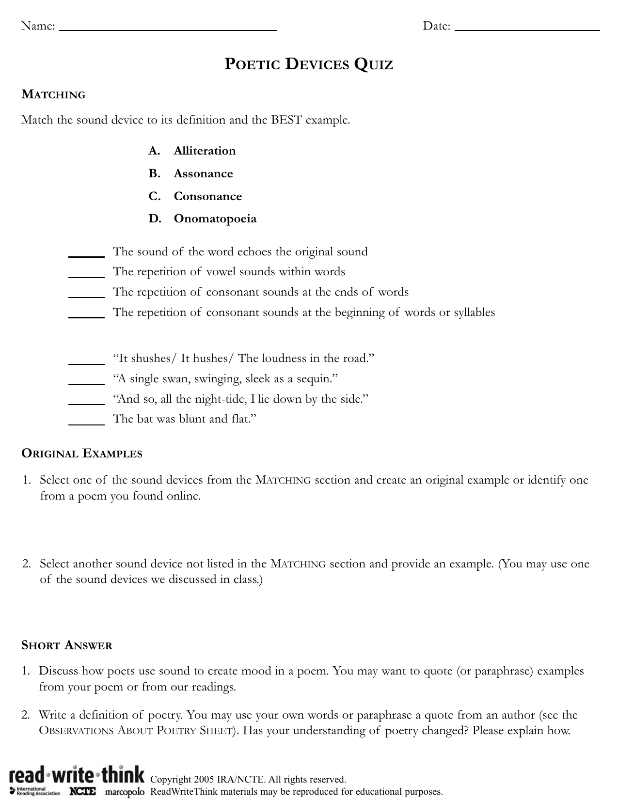 quiz poetic device sample Intended For Sound Devices In Poetry Worksheet