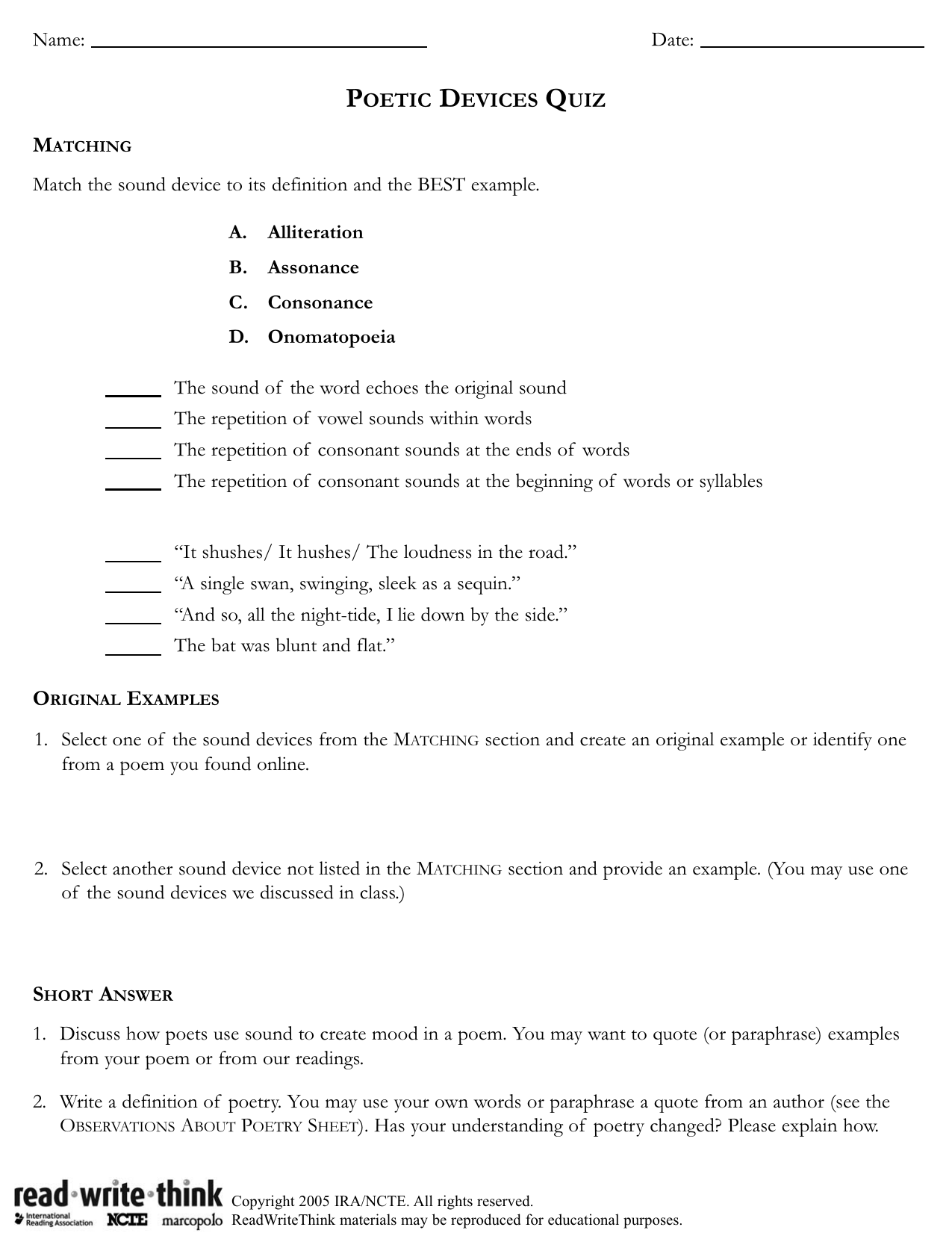 quiz poetic device sample Throughout Sound Devices In Poetry Worksheet