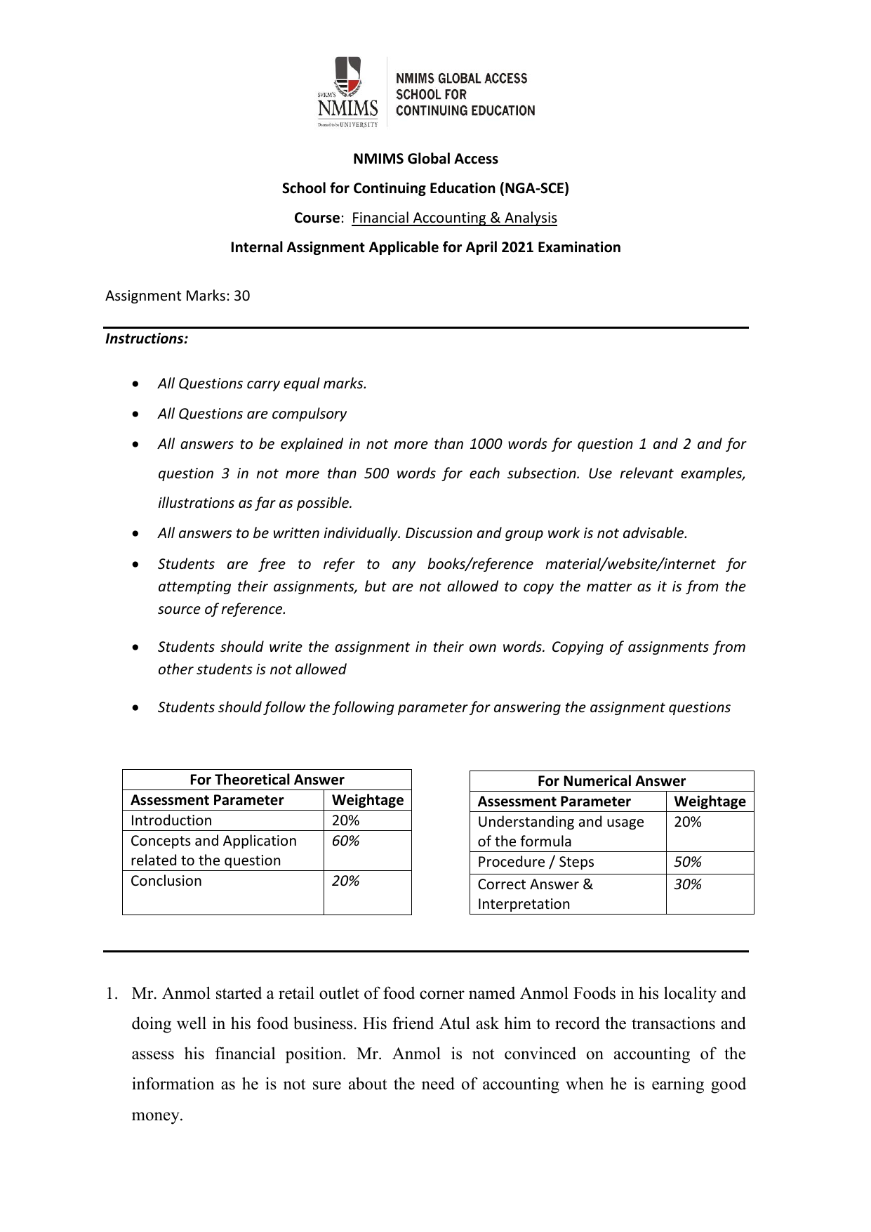financial accounting assignment questions