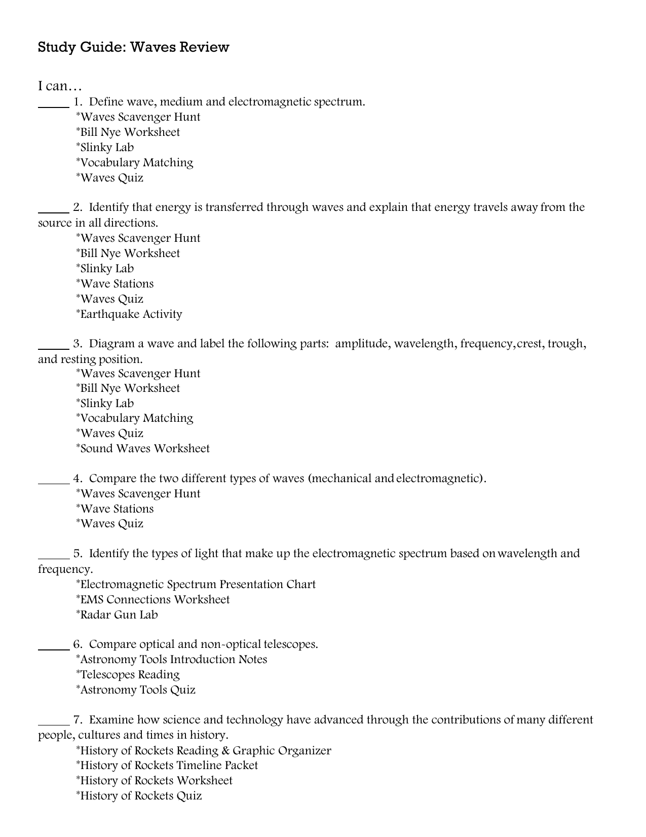 Study Guide Waves and Space Exploration Inside Bill Nye Waves Worksheet