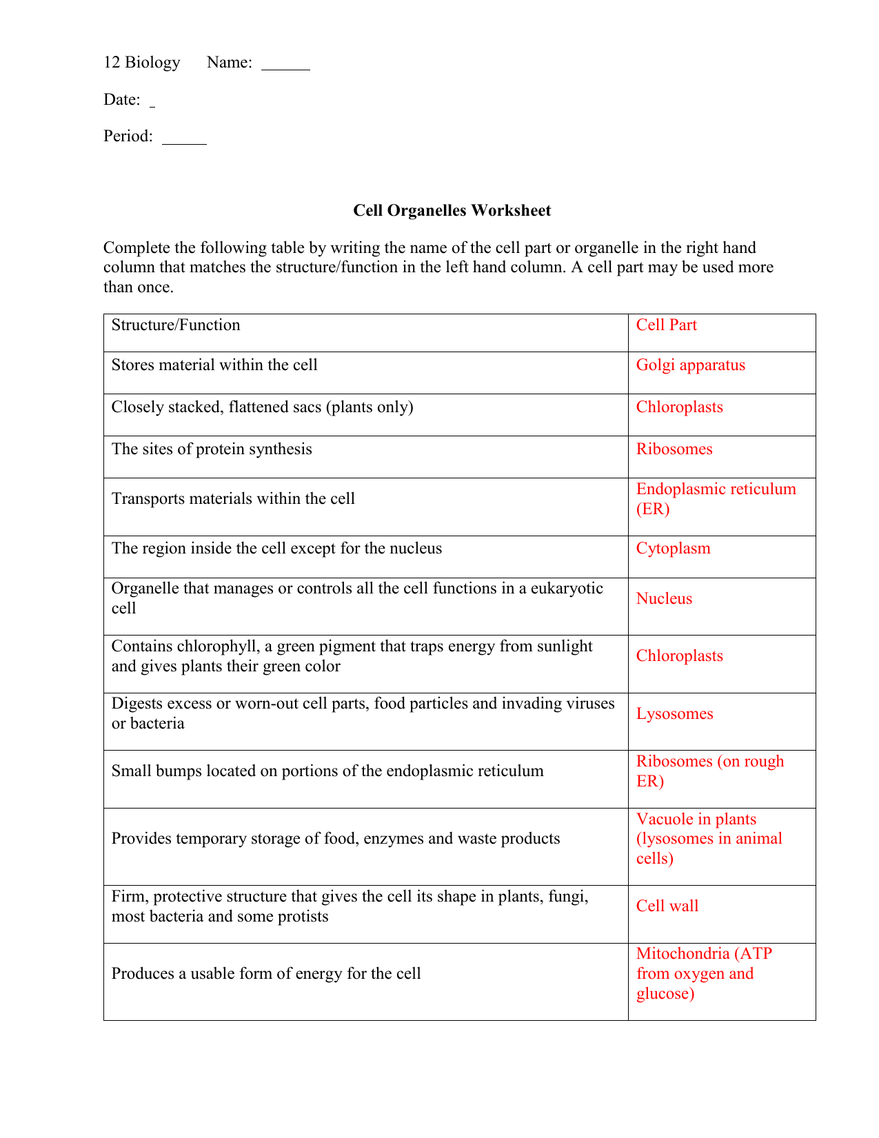 cell structure ws - answers With Cells And Their Organelles Worksheet