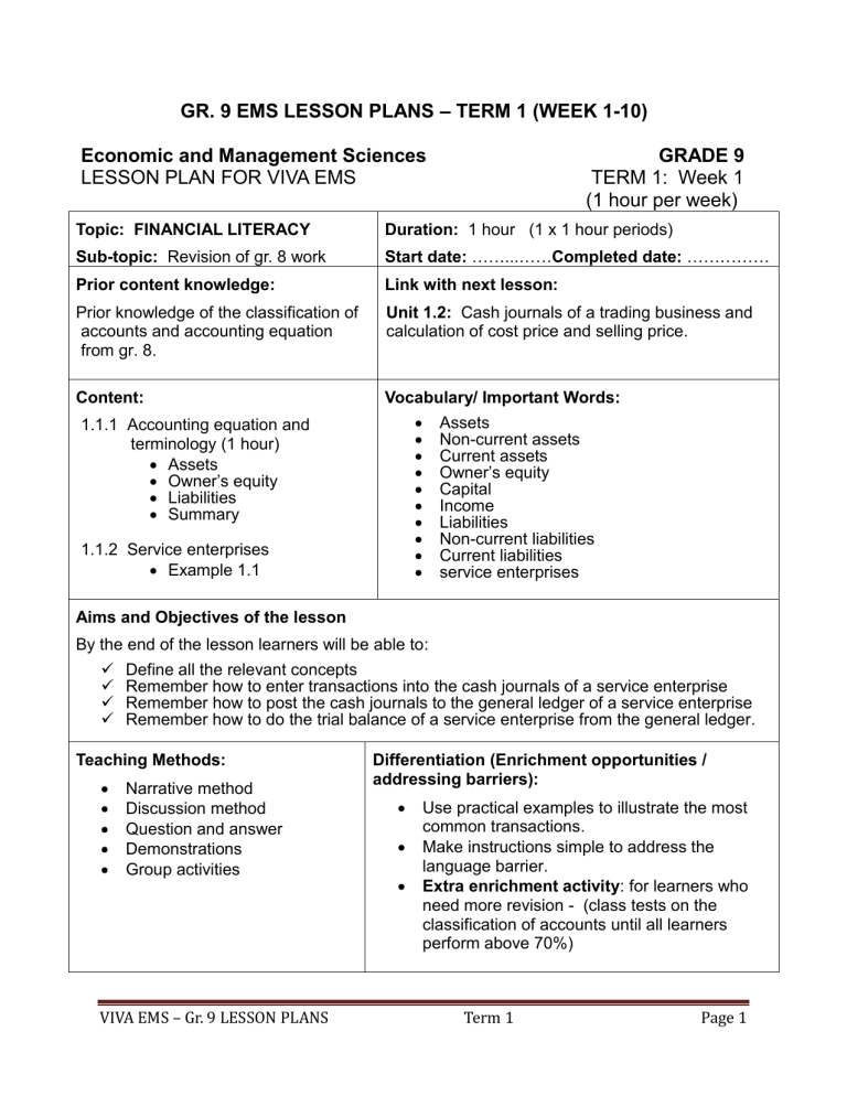 grade 9 ems business plan project answers
