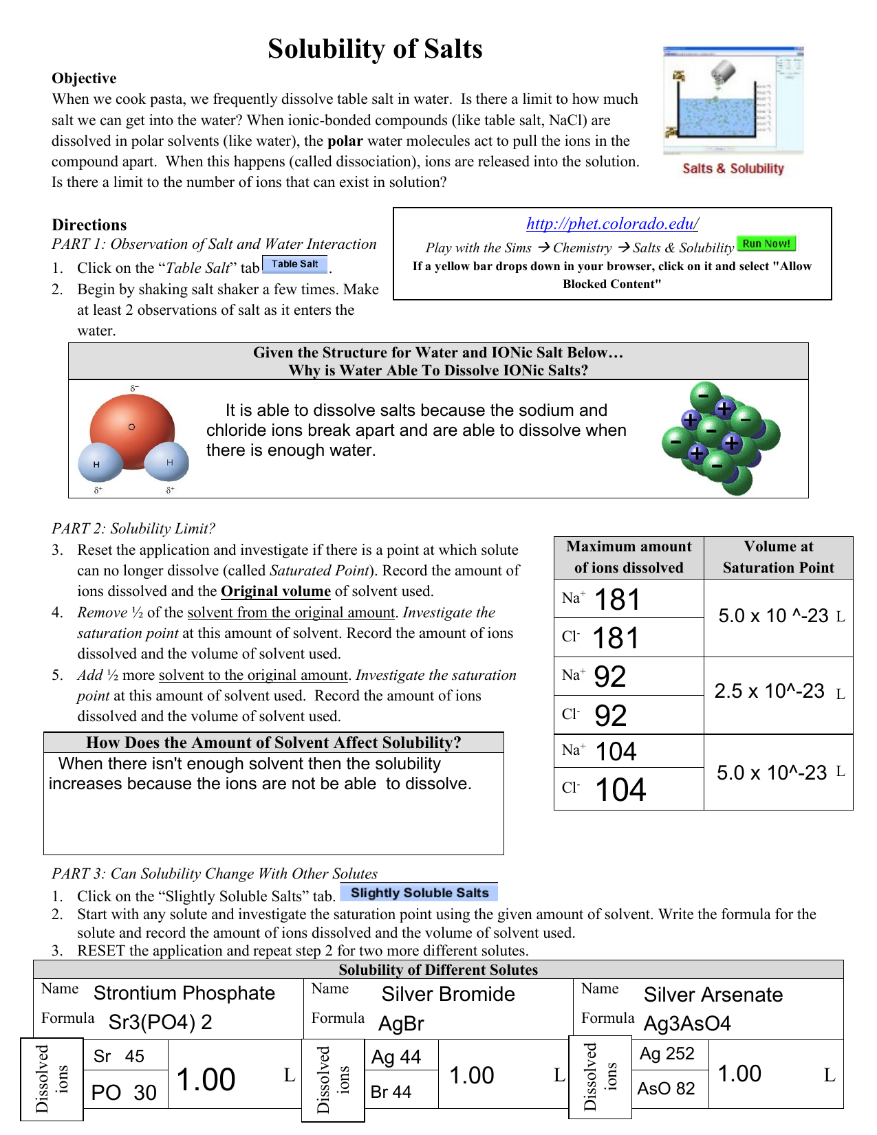 Chem Worksheet Solubility And Salts