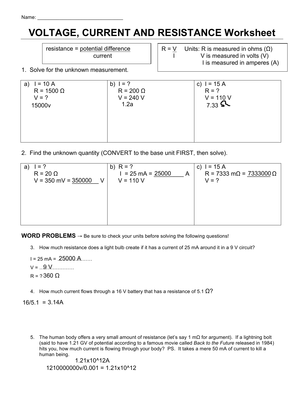 VIR Calculations worksheet(5) Inside Current  Voltage And Resistance Worksheet