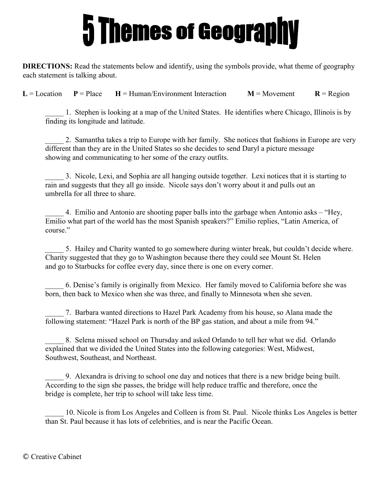 The Five Themes Of Geography Worksheet