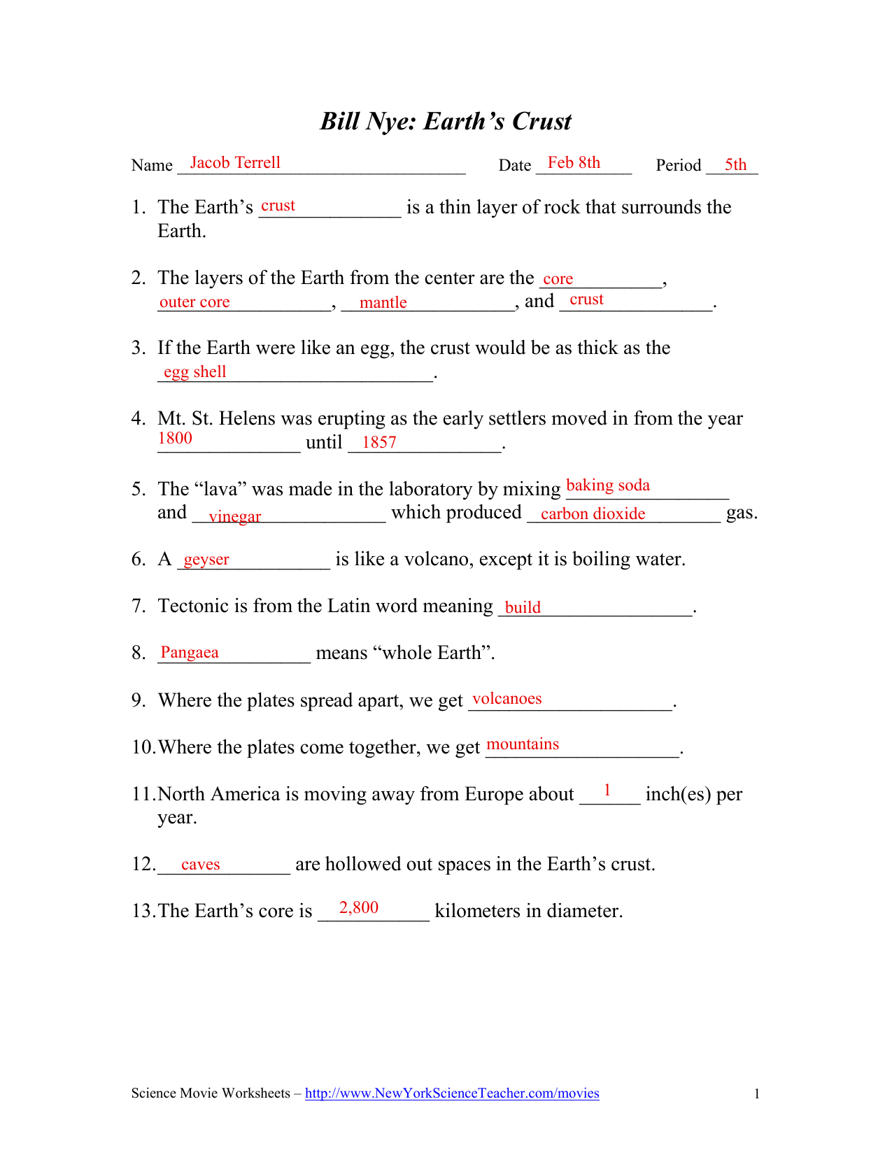 Bill Nye Earth Regarding The Core Movie Worksheet Answers