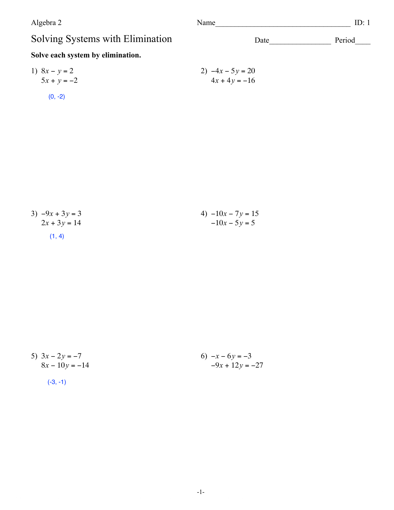 Solving Systems by Elimination Throughout Systems Of Equations Elimination Worksheet