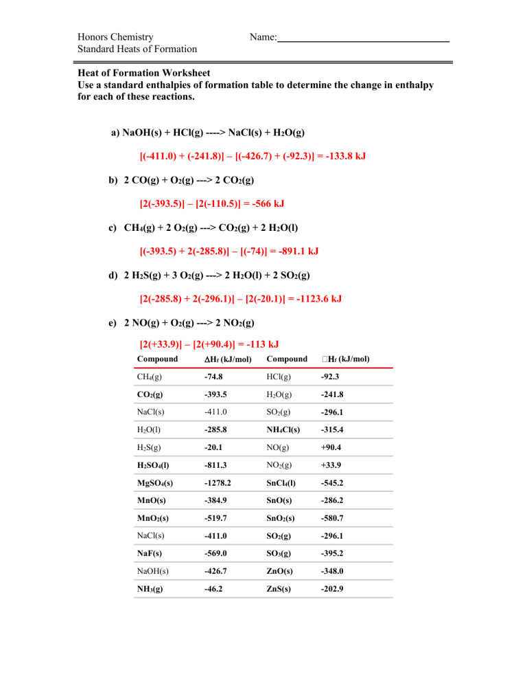 Heats Of Formation Worksheet Answers