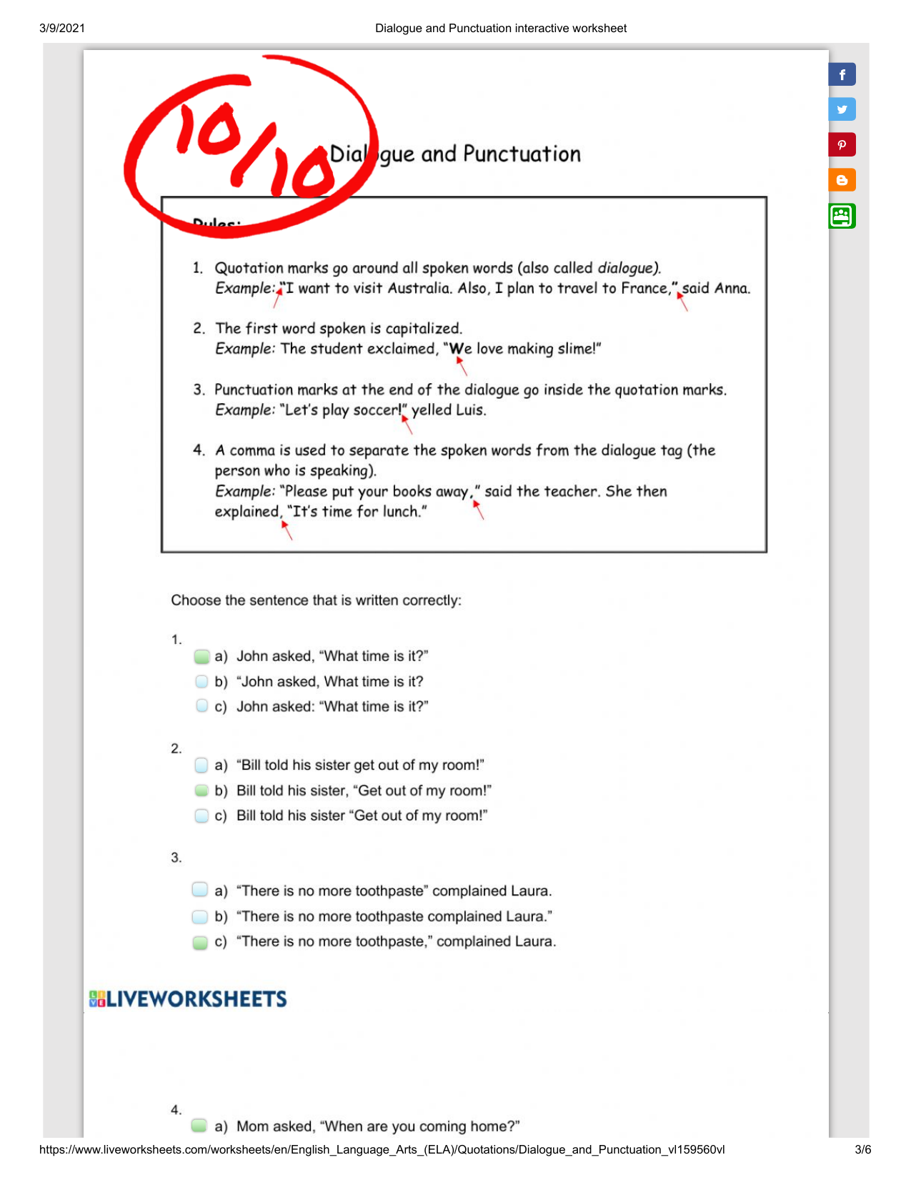 dialogue and punctuation interactive worksheet