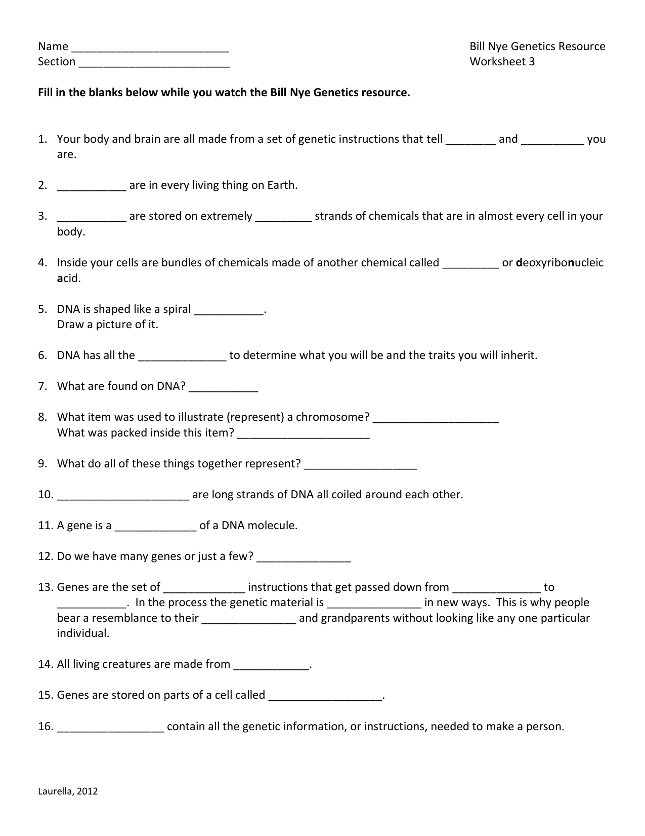 Bill Nye Genes For Bill Nye Genes Worksheet