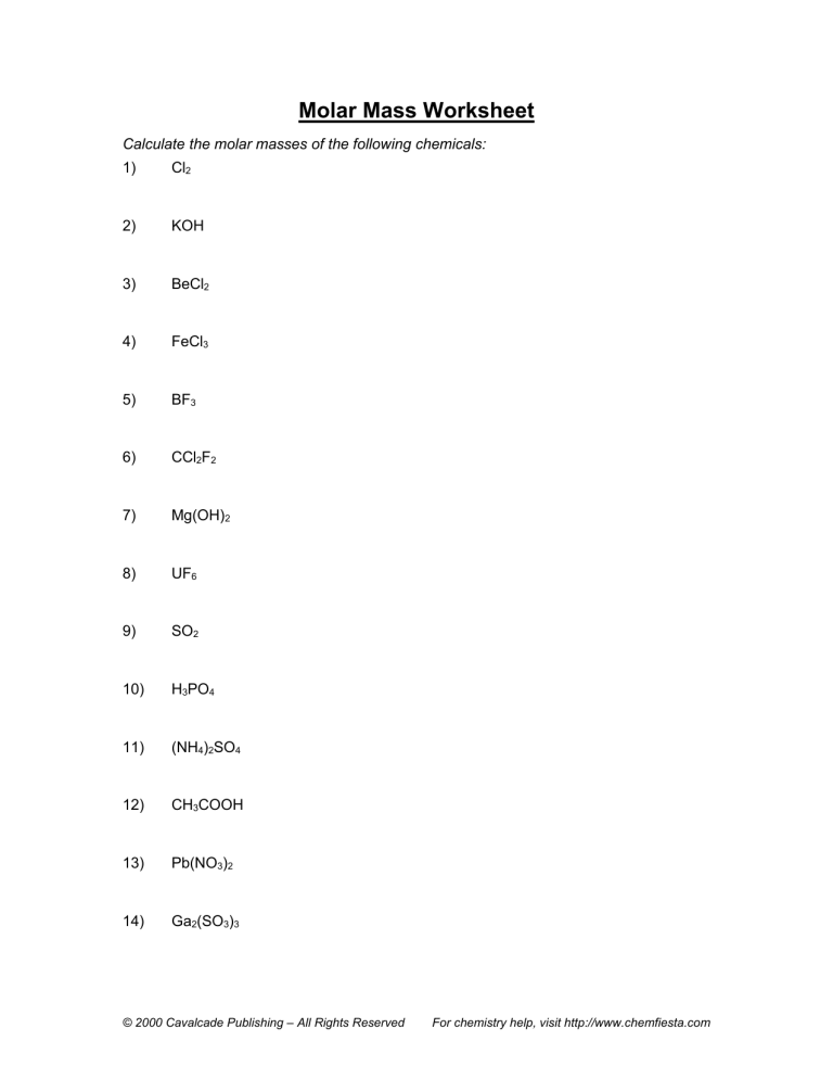 01 Molar Mass Worksheet