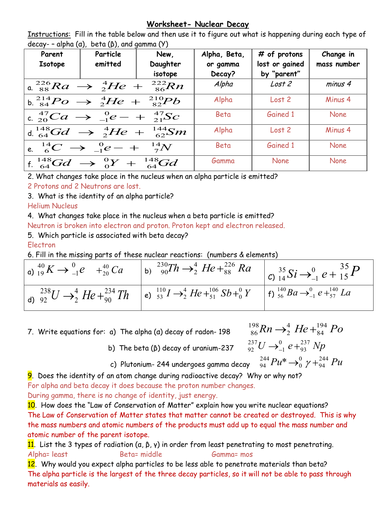 Worksheet- Nuclear Decay Within Radioactive Decay Worksheet Answers