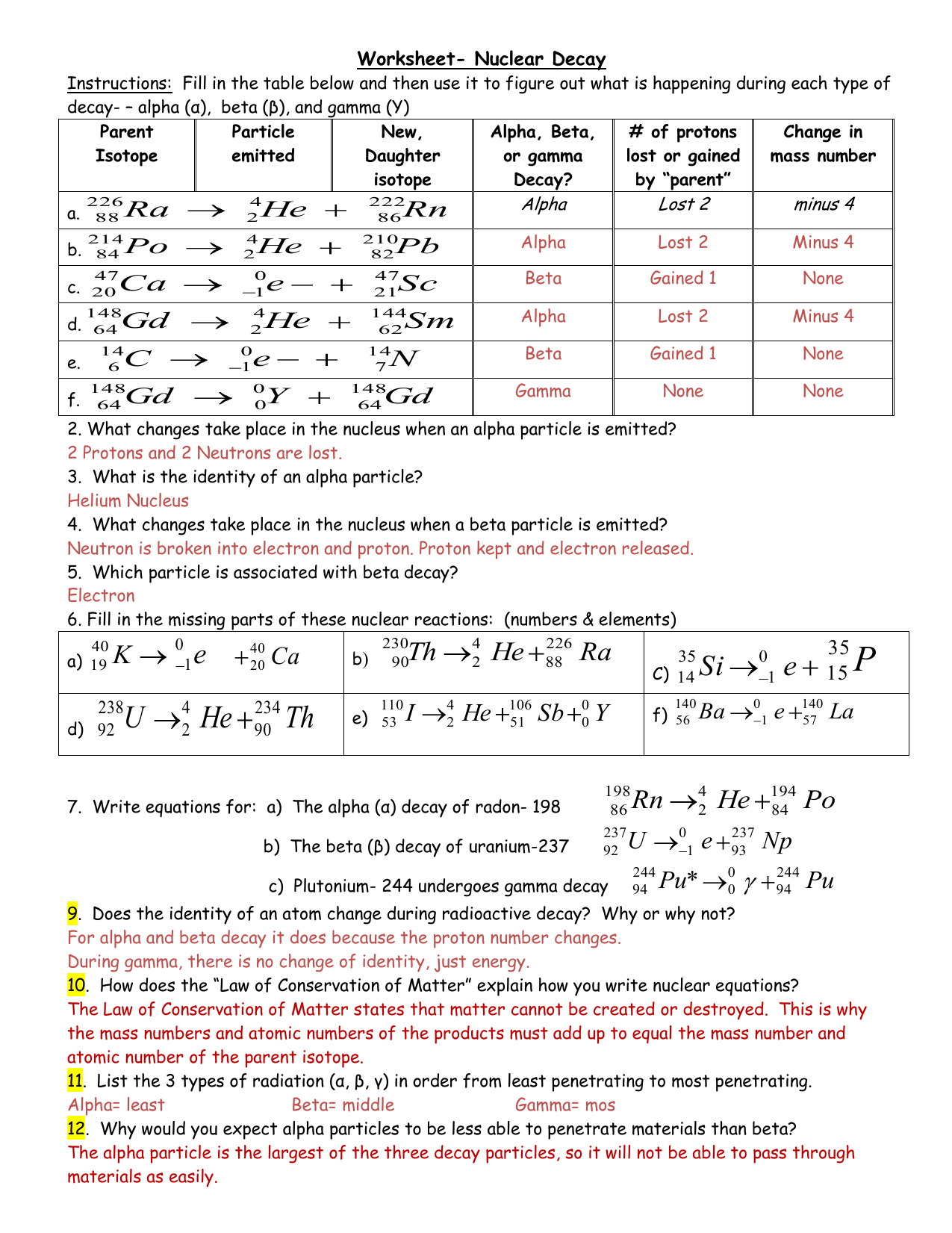 Worksheet- Nuclear Decay Inside Nuclear Decay Worksheet Answers Chemistry