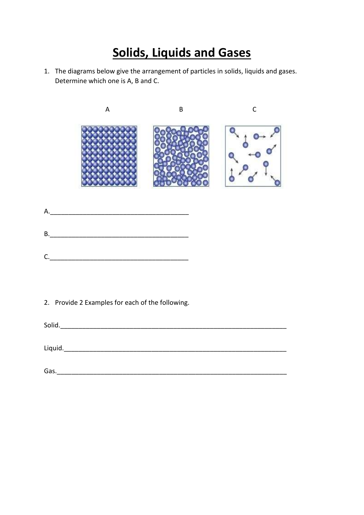 Solids, Liquids ans Gases Worksheet Throughout Solid Liquid Gas Worksheet