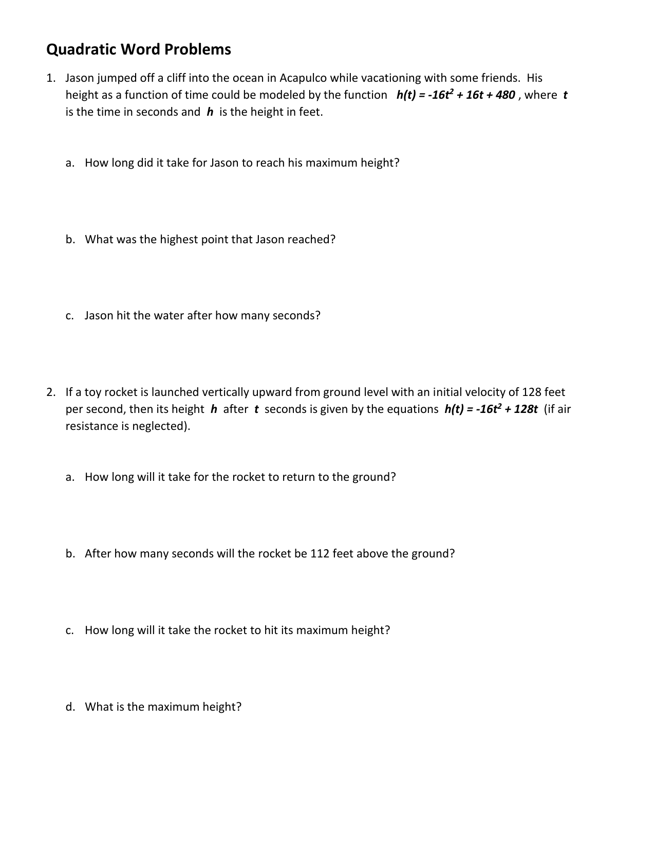 quadratic word problems 20 Intended For Quadratic Equations Word Problems Worksheet