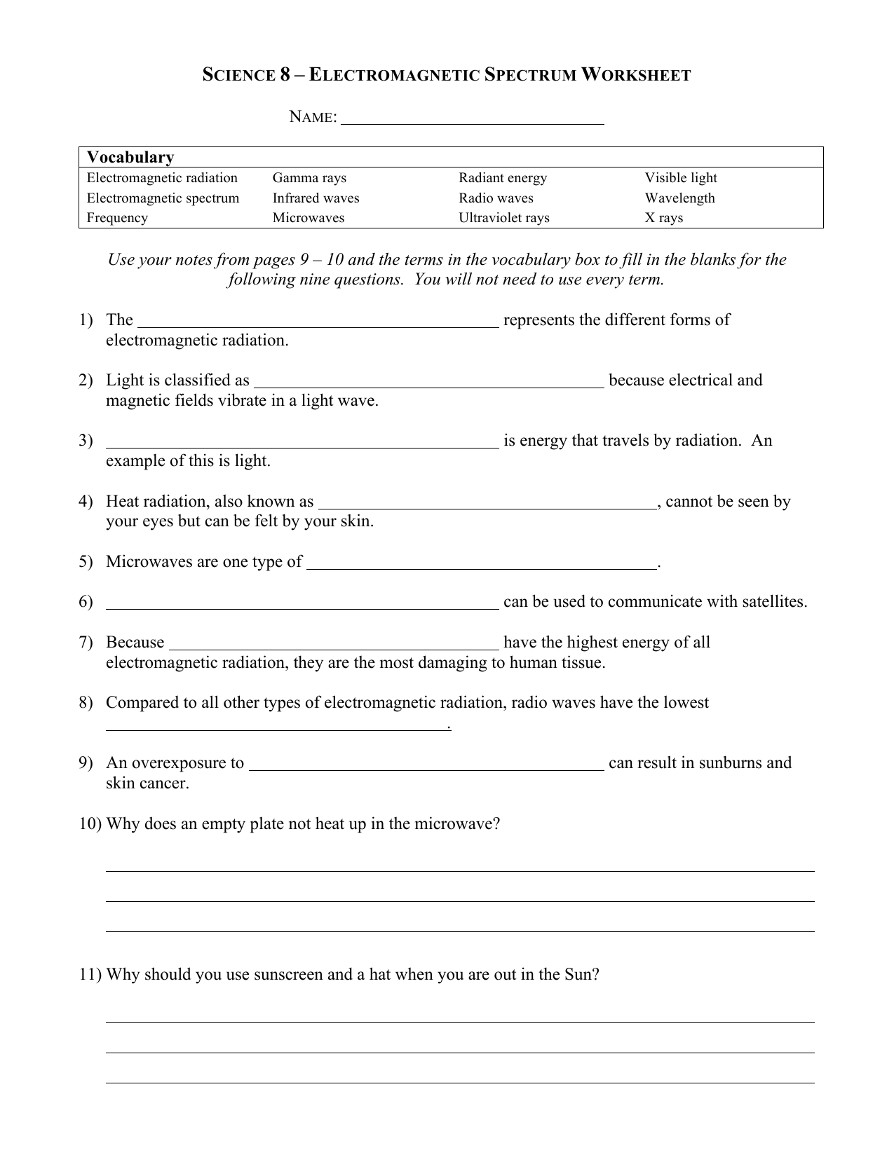 Electromagnetic Spectrum Worksheet  Within Electromagnetic Spectrum Worksheet Answers