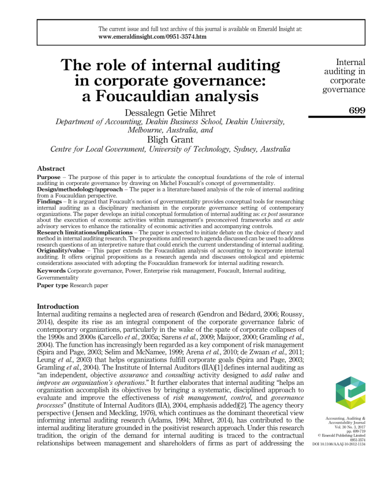 The Role Of Internal Auditing In Corporate Governance A Foucauldian Analysis