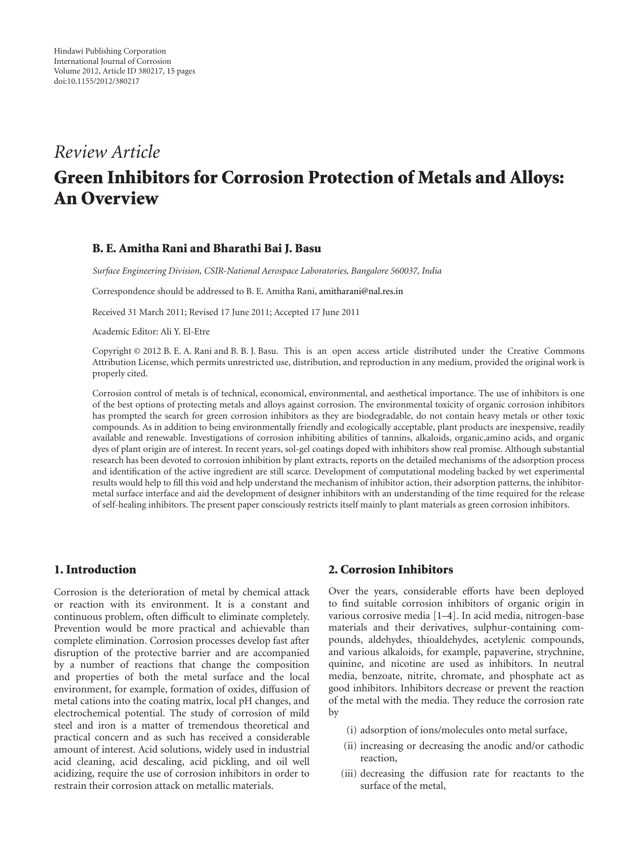 Green Inhibitors For Corrosion Protection Of Metal