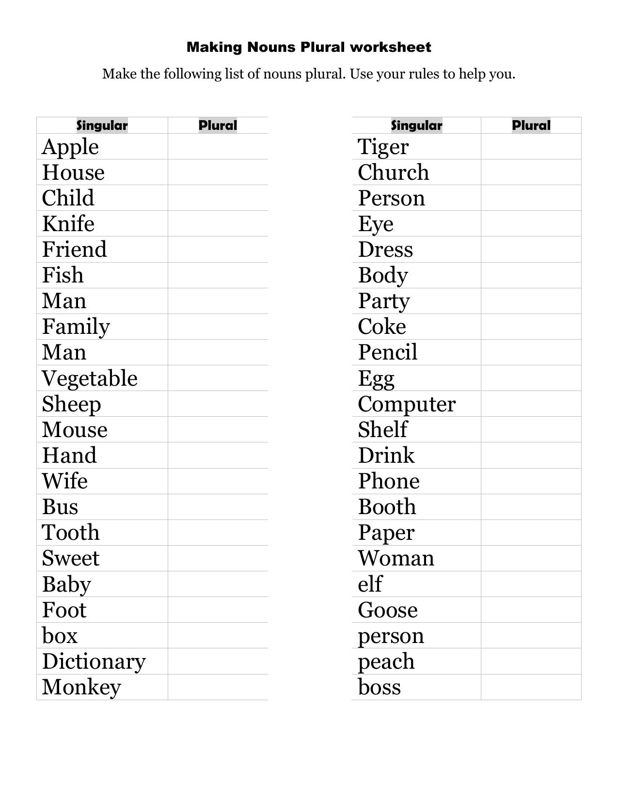 Plural Noun Worksheet English Class 1 One And Many Singular And 